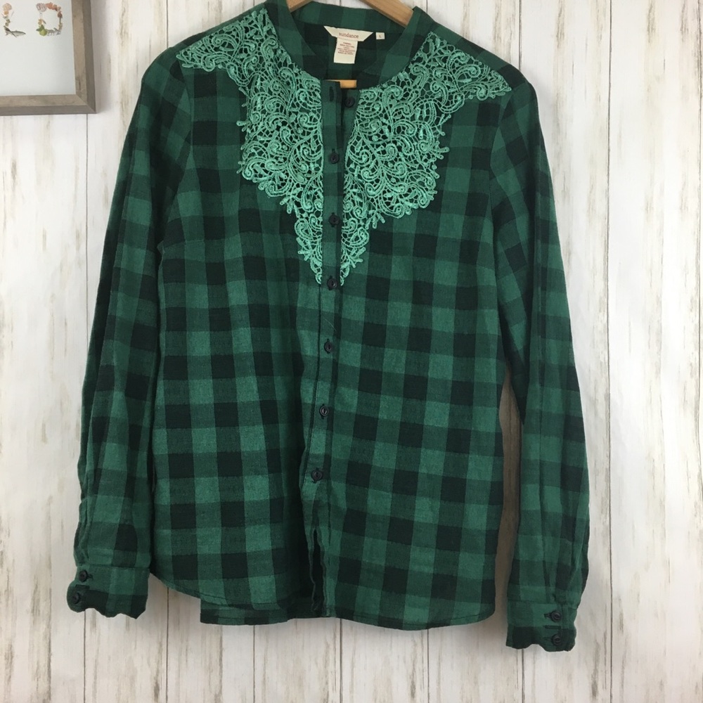 Sundance Catalog Cassidy Buffalo Plaid and Lace Button Down Shirt Sz L